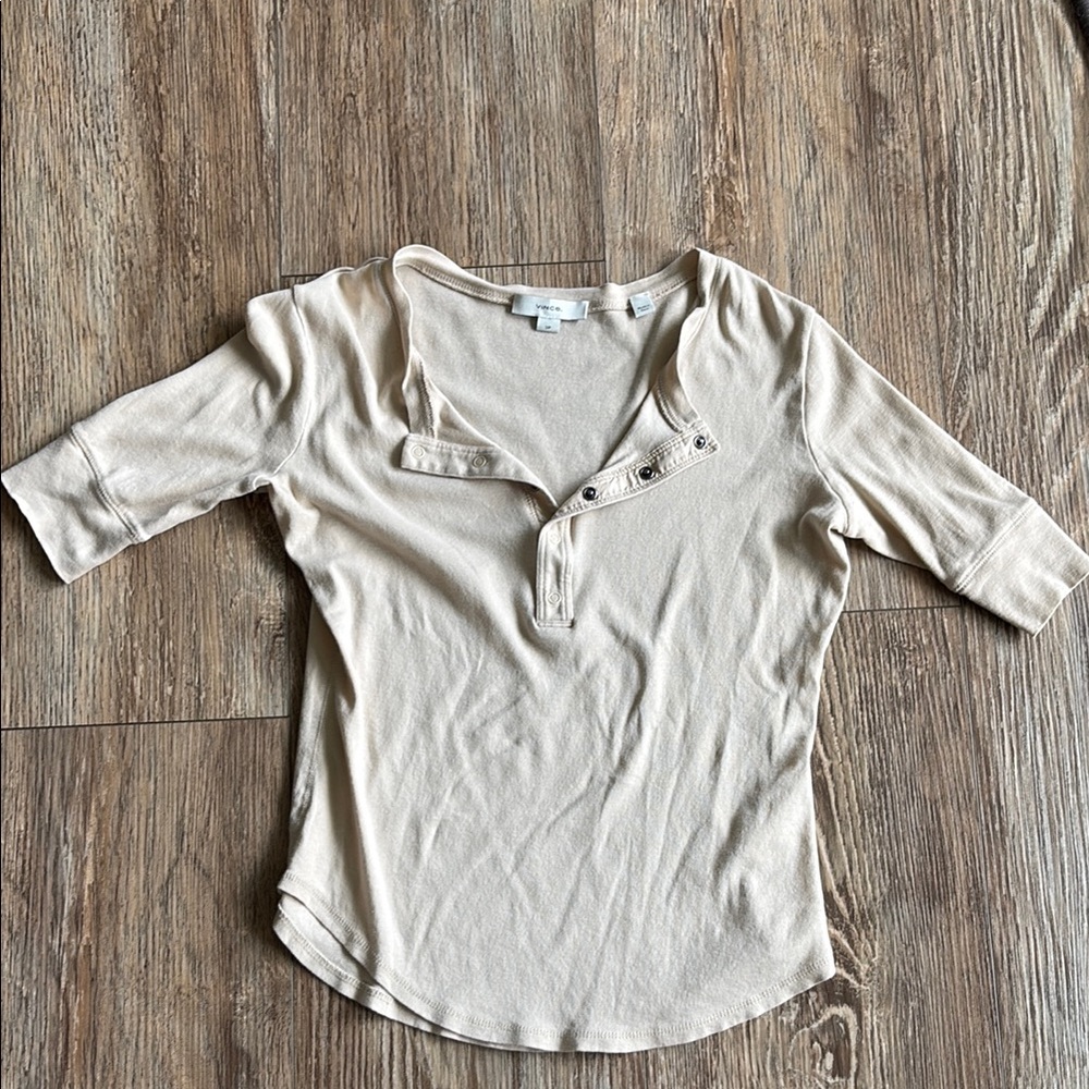 Vince Cream Fitted Polo Blouse with 3/4 Sleeves